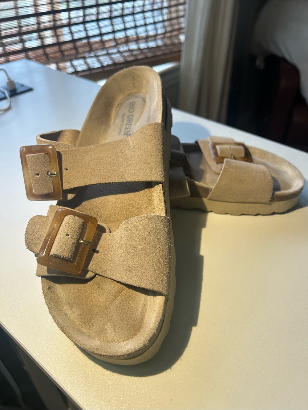 Bio Green Suede Double-Buckle Slide Sandals - Tan